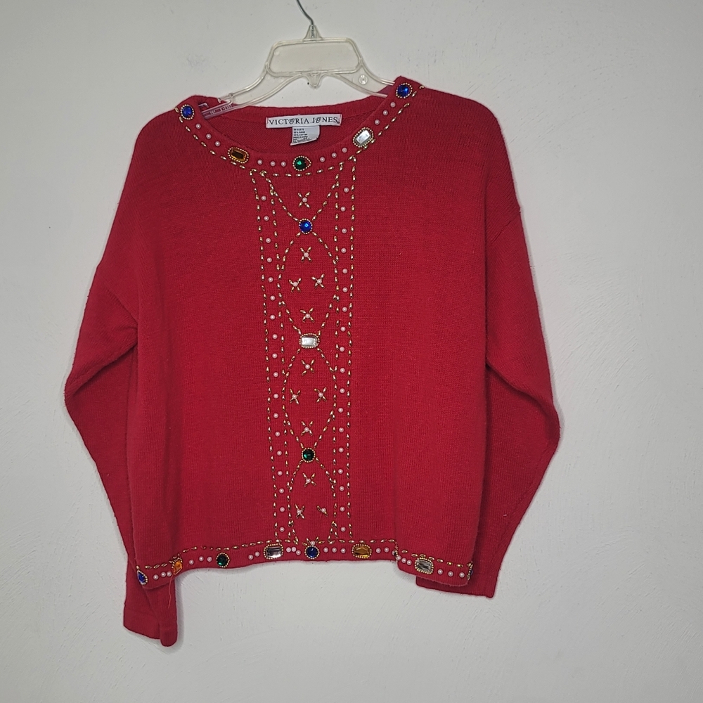Vintage Victoria Jones Ugly Cottagecore Christmas Bedazzled Sweater Size Medium